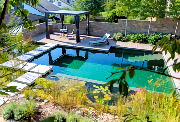 Schwimmteich mit Holzterrasse